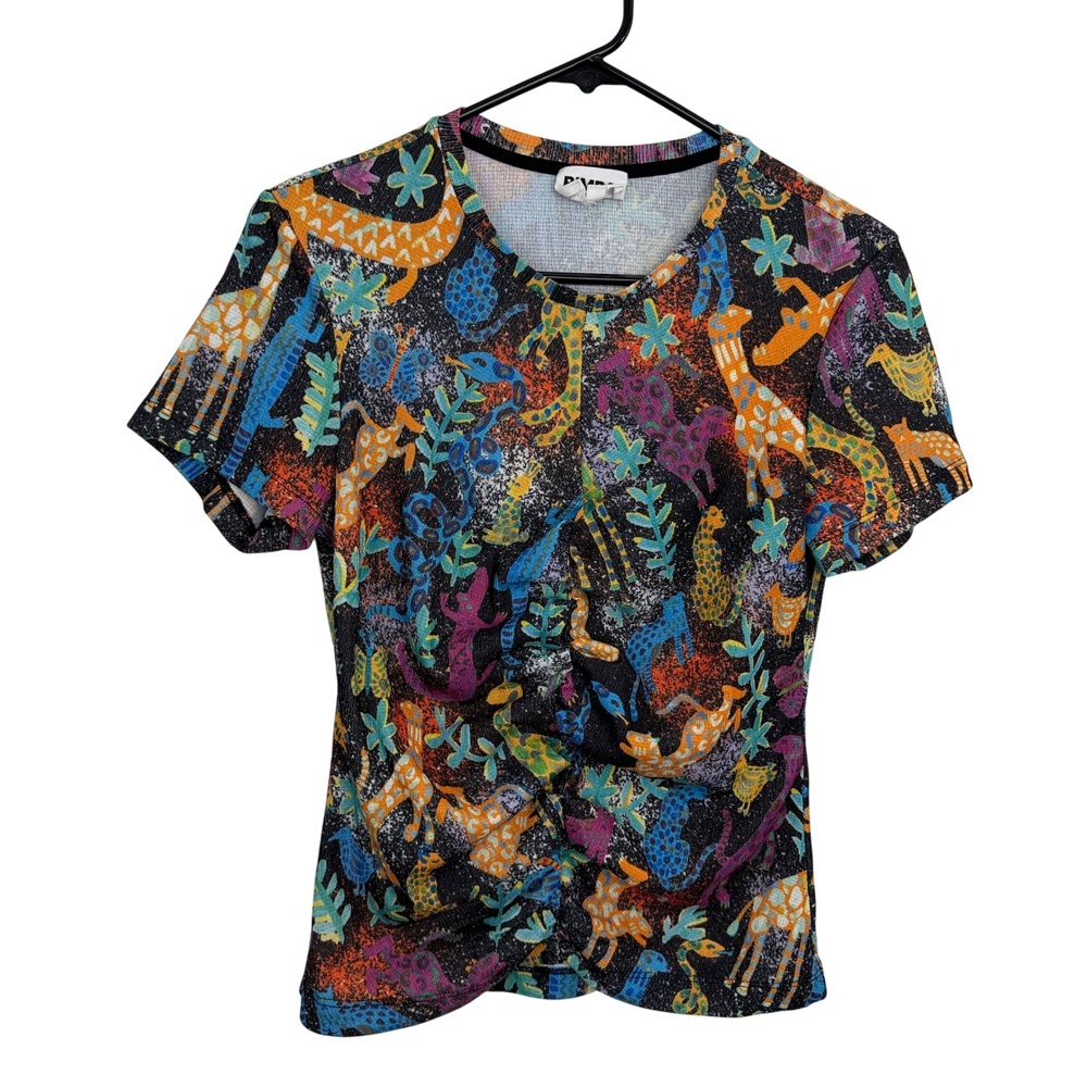 Bimba y Lola T-Shirt Womens Medium Black Animal Print Ruched Front Short Sleeve